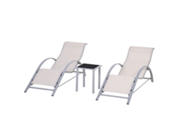 Conjunto de 2 Espreguiçadeiras com Mesa de Vidro Temperado, Encosto e Apoio de Braço Confortável  Bege S/MARCA