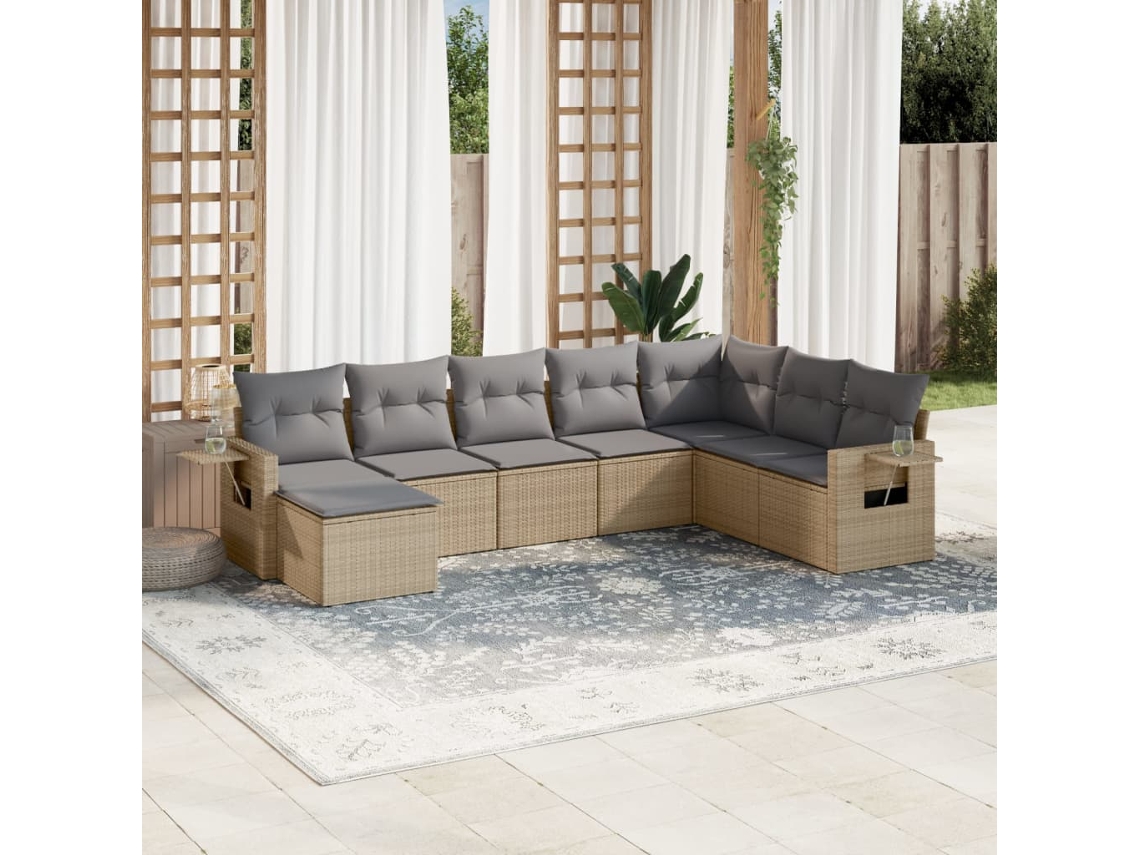 Vidaxl 8 Pcs Conjunto De Sofás P/ Jardim Com Almofadões Vime Pe Bege