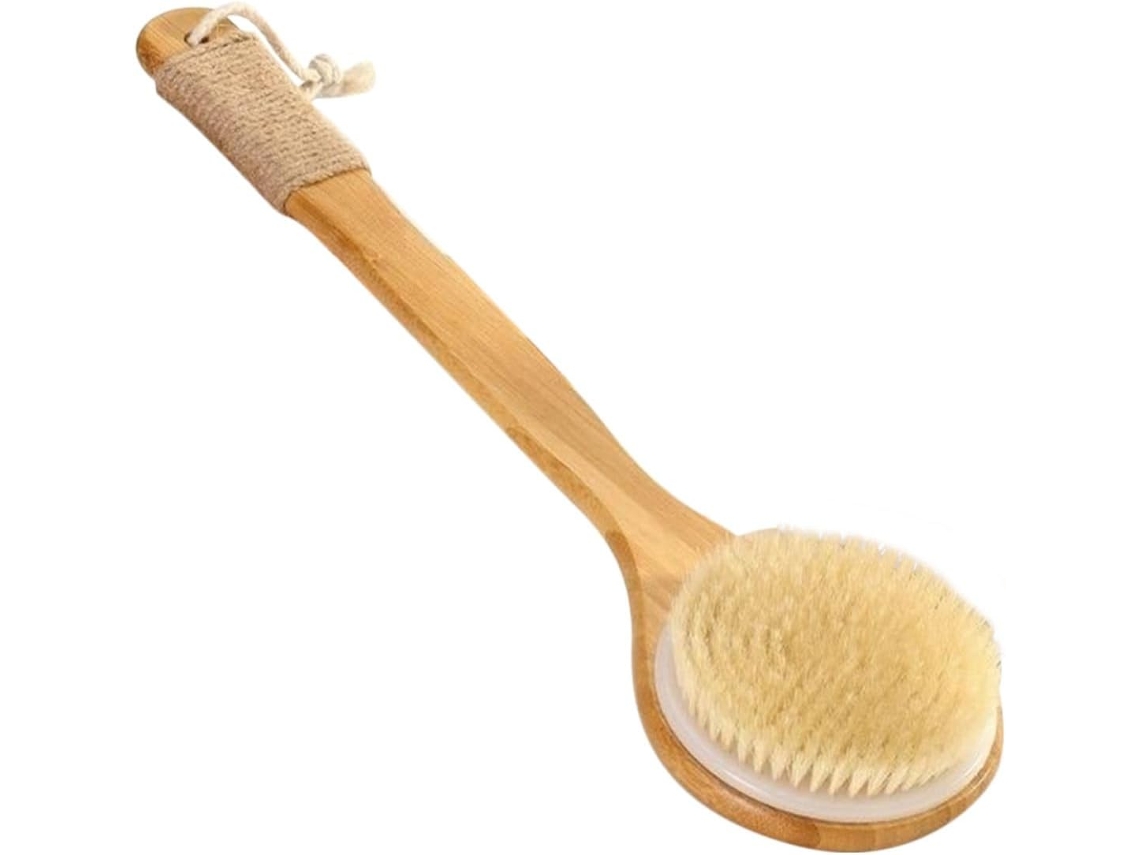 Escova Corporal De Bambu Com Cabo Longo, Cerdas Macias E Corda De Juta Para Facilitar O Armazenamento.