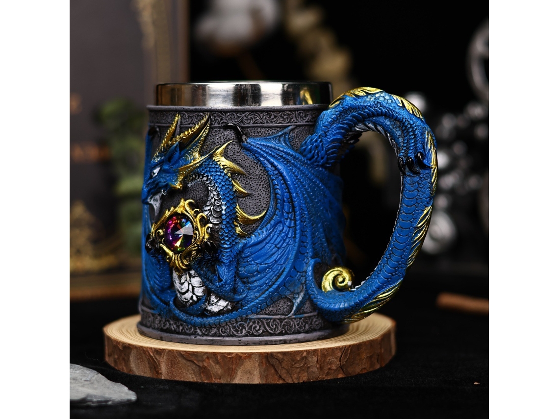 Caneca Retrô 3d De Aço Inoxidável Com Dragão Para Cerveja E Chá Em Relevo, Presente Criativo, 450ml, 24001 4 Azul Aquaforge