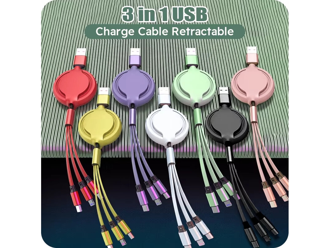 Cabo Usb-a Para Ip/micro/tipo-c Retrátil 3 Em 1 De 3a Com Com 1 Metro De Comprimento