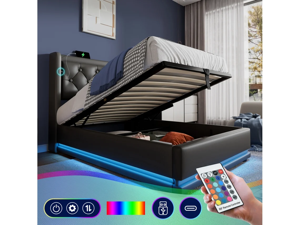 Cama 90x200 Pu Preto Com Led Usb-c E Baú