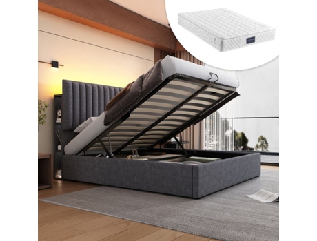 Cama Com Controle Led Duplo E Usb Tipo C, Cabeceira Ajustável, Base 160x200 Cm, Cinza (com Colchão)