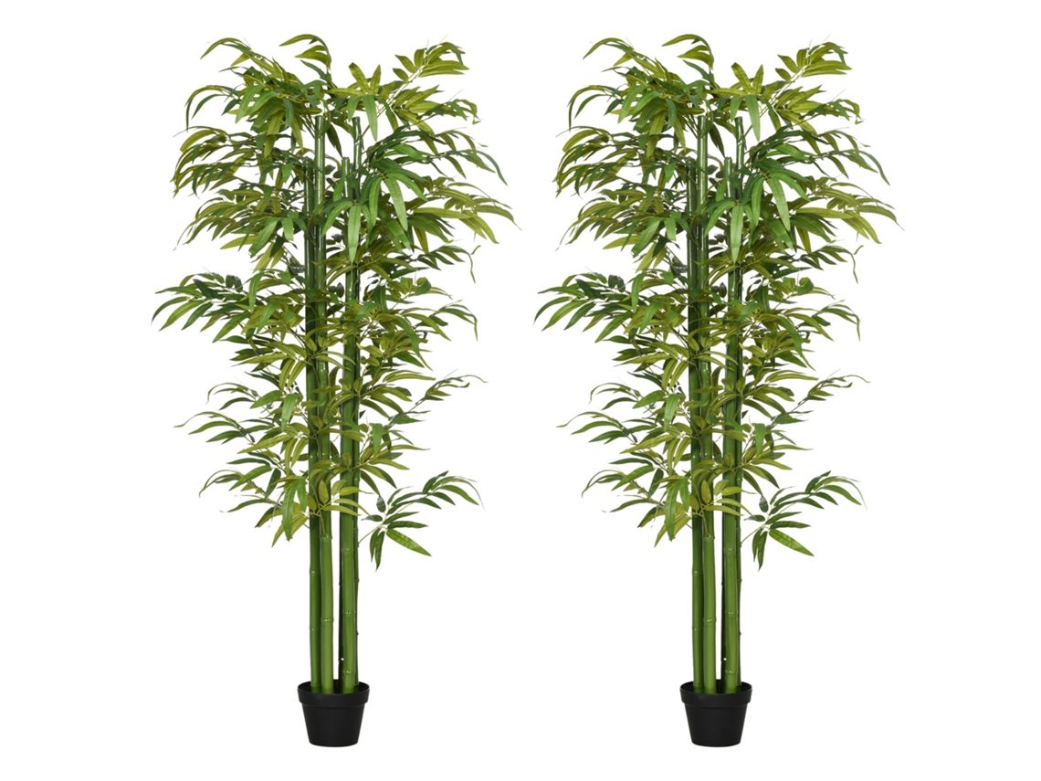 Conjunto De 2 Plantas Artificiai Poliéster, Bambu, Pp, Cimento Cor Verde Ø17x180 Cm Homcom