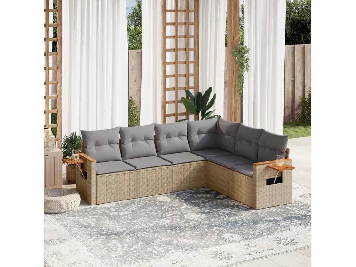Vidaxl 6 Pcs Conjunto De Sofás P/ Jardim Com Almofadões Vime Pe Bege