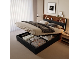 Cama de 160x200 Cm com Arrumação, Revestida em Pele Sintética Preta, Cabeceira com Arrumação, Usb, Faixas de Led, SIMURQ