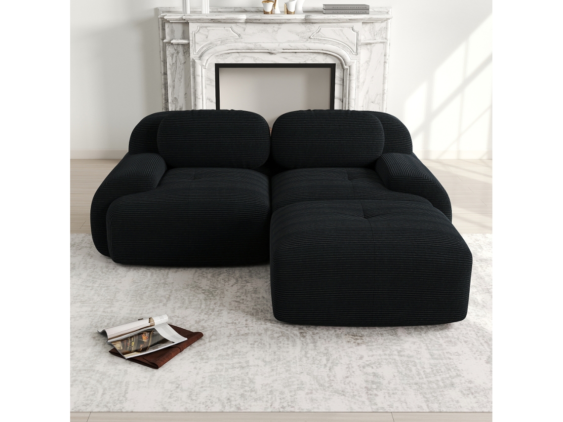 Sofá Modular, Sofá De Canto, 208 Cm (82 Polegadas), Veludo Cotelê, Sem Necessidade De Montagem, Estofamento Altamente Elástico, Preto