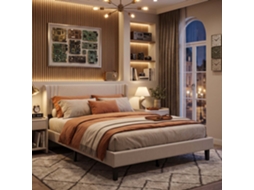Lazyspace Cama De Casal Estofada Em Linho 140x200 Cm Com Cabeceira Almofadada E Estrado De Ripas - Bege