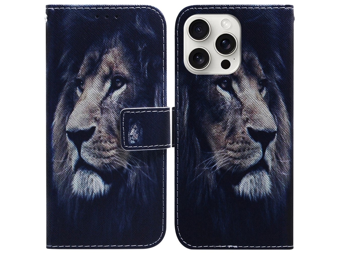 Capa Carteira Para Iphone 16 Pro Max Em Couro Com Estampa De Leão