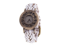 Relógio de pulso vintage de quartzo com mostrador vazado e pulseira de PU trançada para homens e mulheres (branco)