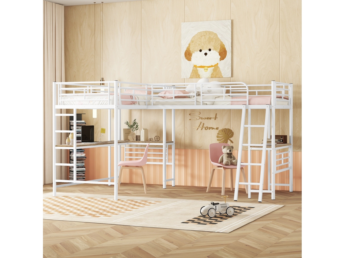 Cama Alta 90x200 2 Beliches Mesa Escada Dupla Corrimão Branca