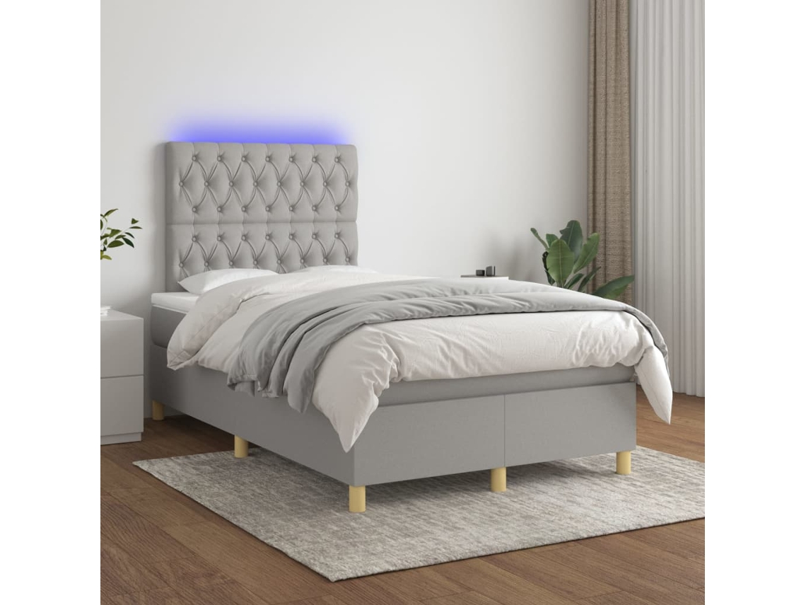 Vidaxl Cama Box Spring C/ Colchão E Led 120x200 Cm Tecido Cinza-claro
