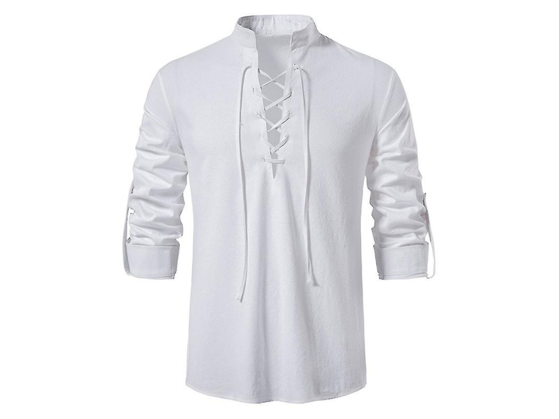 Camisa De Linho Casual De Manga Longa Com Gola Alta E Cordão, Ajuste Solto, Ideal Para Vários Ocasiões Branco