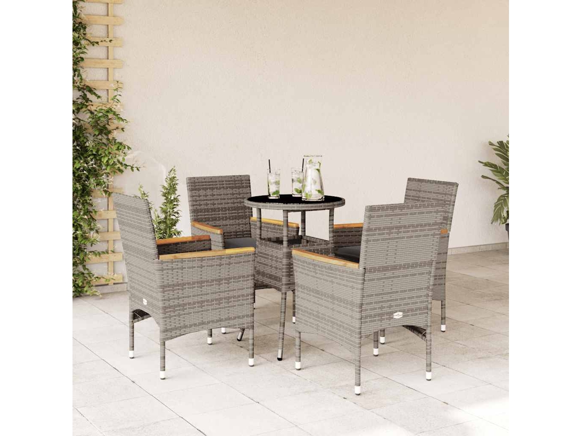 Jogo 5 Peças Jantar Jardim C/ Almofadões Vime Pe/vidro Cinza Dkd Home Decor