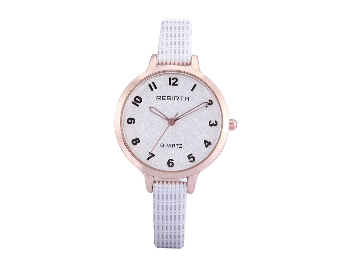Relógio de Pulso Feminino Rebirth de Couro Pu com Números Árabes Quartzo Resistente À Água Branco