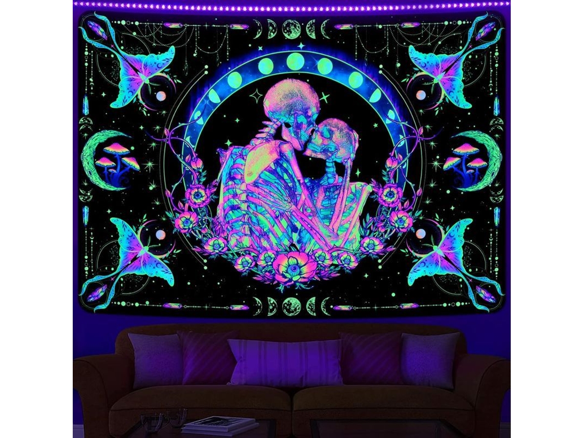 Tecido De Parede Esqueleto Casal Borboleta Réptil Uv Reativo Lua Flores Arte Galáctica 150x130cm