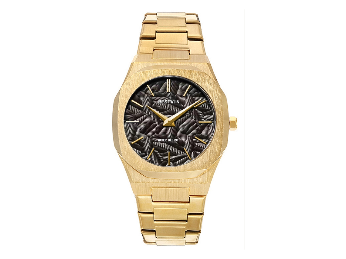 Relógio de Quartzo Masculino com Folhas em Relevo MDUG (dourado e Preto)