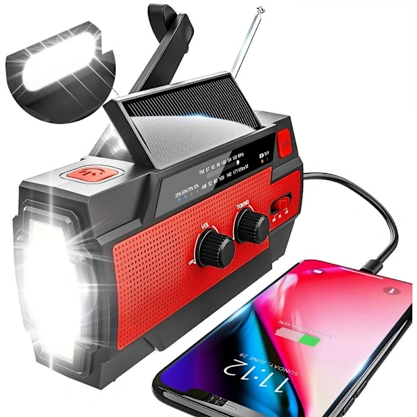 RÁDIO DE EMERGÊNCIA AQUAFORGE com manivela, células solares, am/fm, bateria interna 4000mah