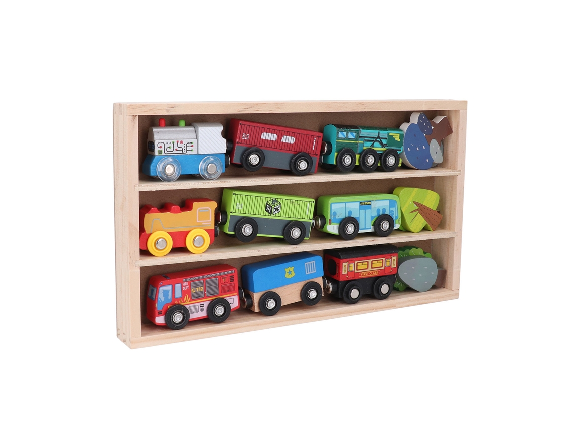 Conjunto de trem de madeira 2026 para crianças, brinquedo leve, seguro e colorido com caixa de exibição para meninos e meninas.