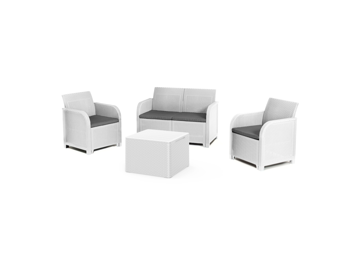 KETER Conjunto de Jardim Sanremo com Duas Poltronas e Sofá de 2 Lugares com Mesa Lateral Rattan Trançado de Imitação de Resina Branco