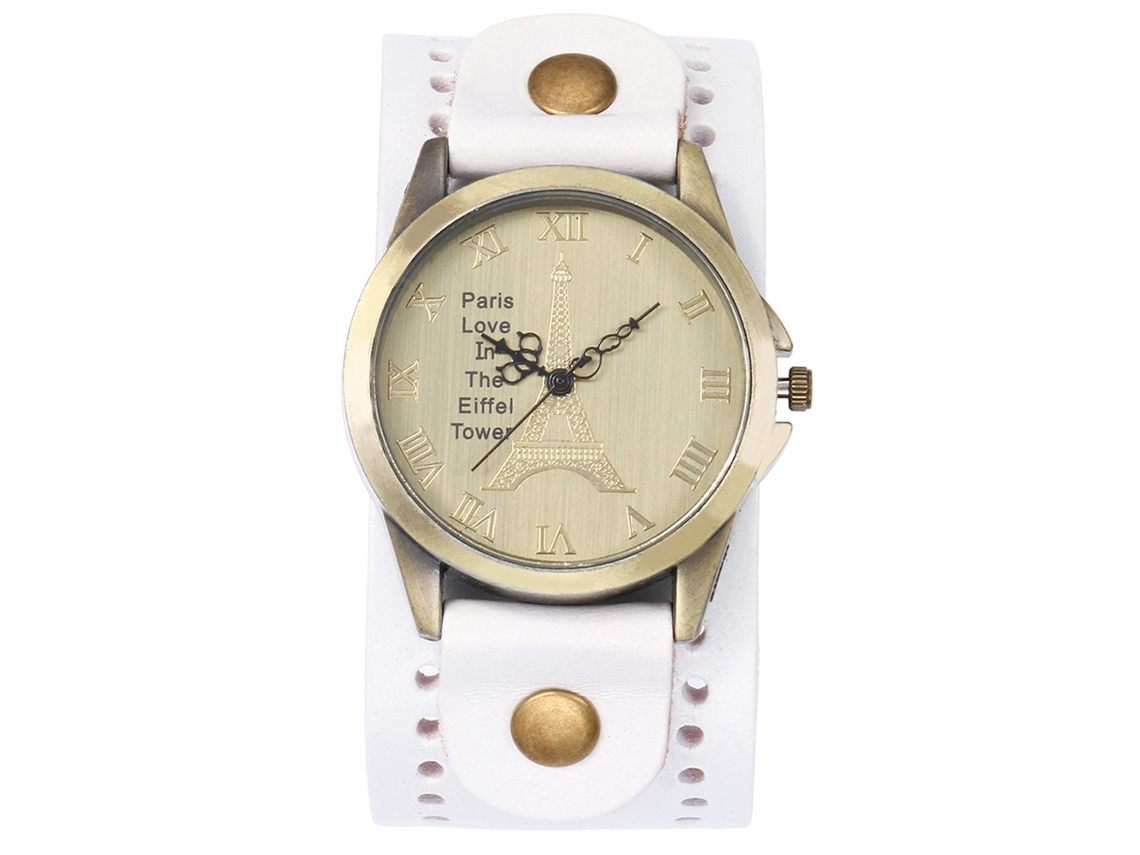 Relógio de quartzo unissex com pulseira de couro PU, estilo punk vintage (branco)
