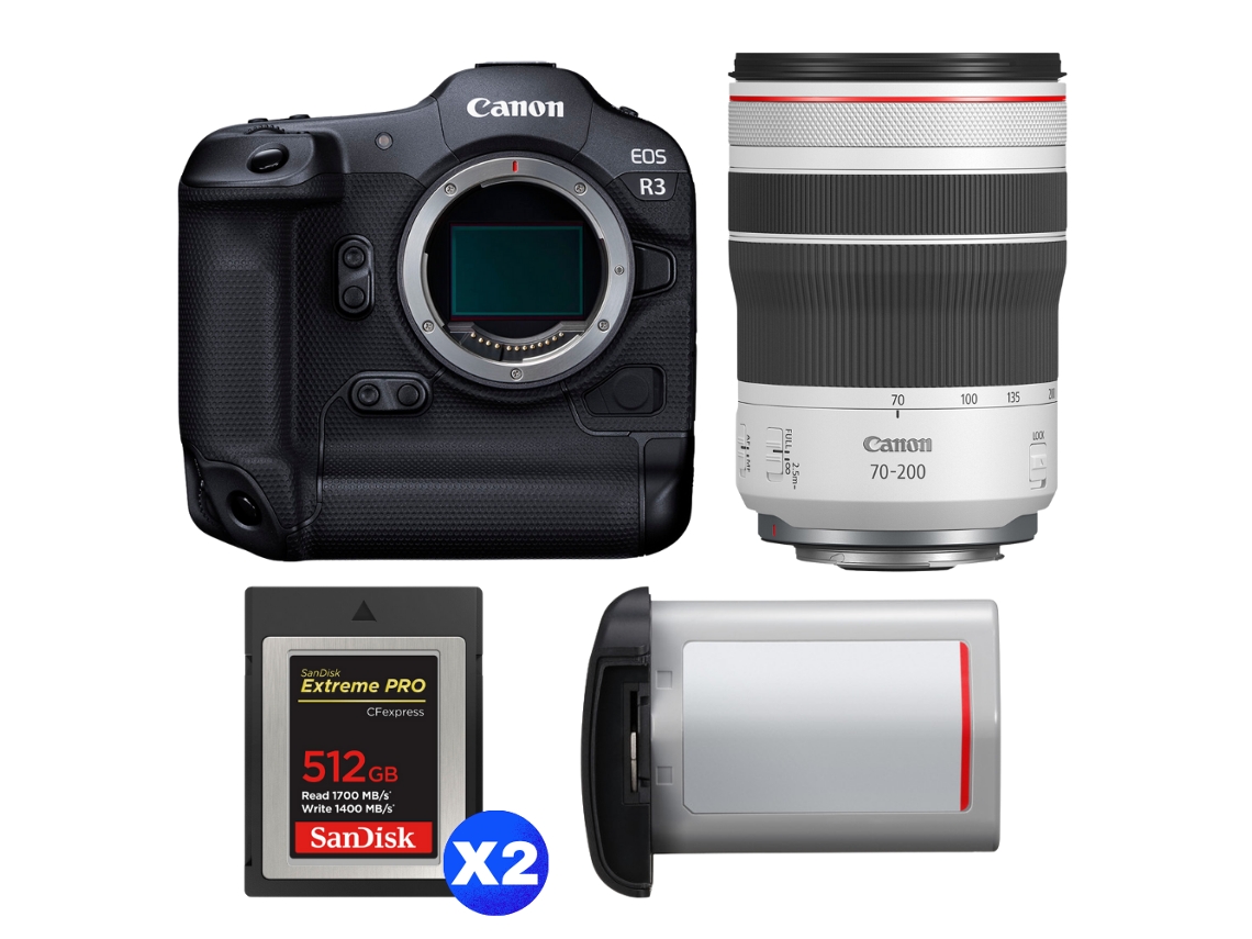 Eos R3 + Rf 70 200mm F/4 L Is Usm + 2 Sandisk 512gb Extreme Pro Cfexpress Type B + Canon Lp e19 + Ebook “20 Dicas para Fotos Que Impressionam” CANON