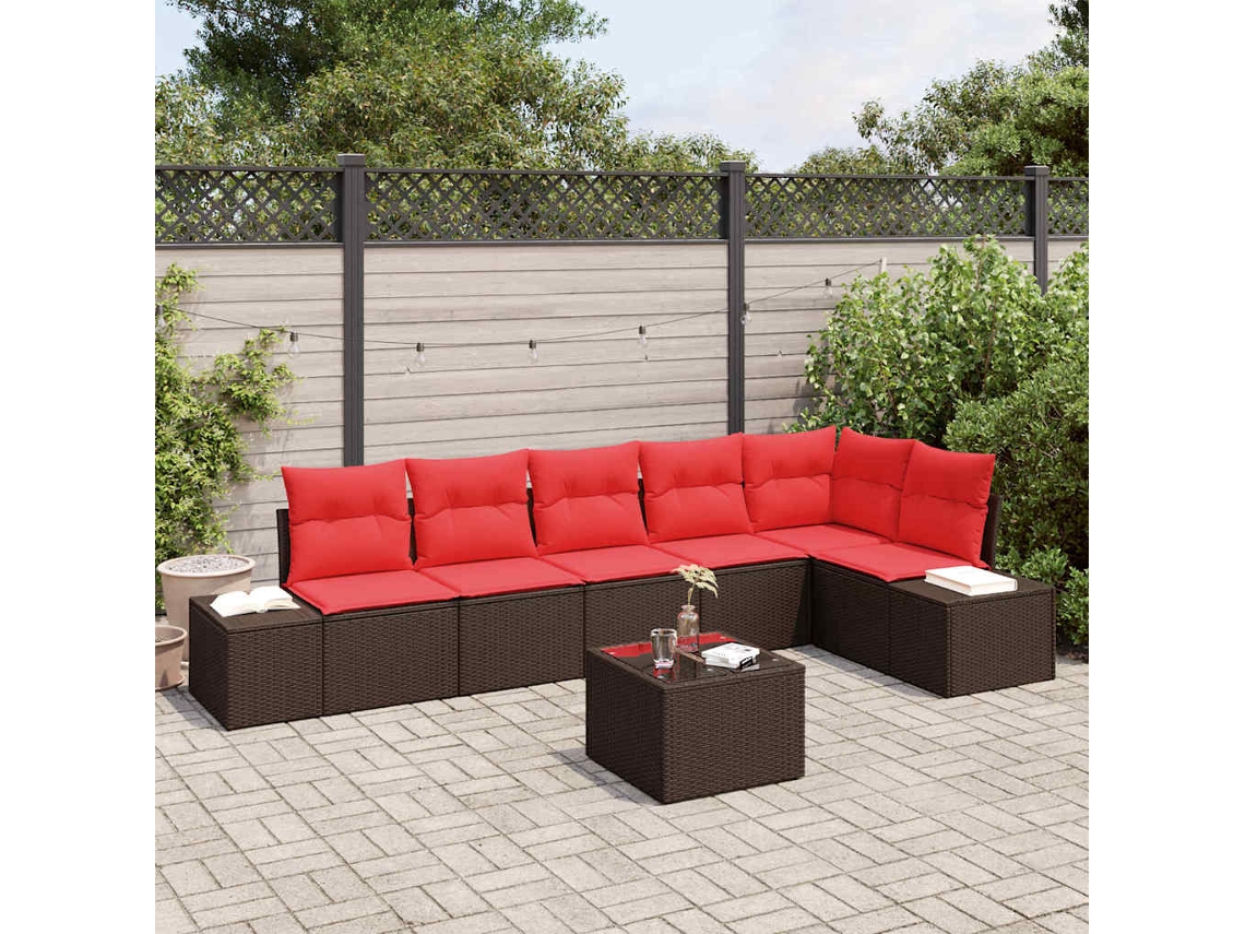 Vidaxl Conjunto De Sofá De Jardim Marrom E Vermelho Vime Pe