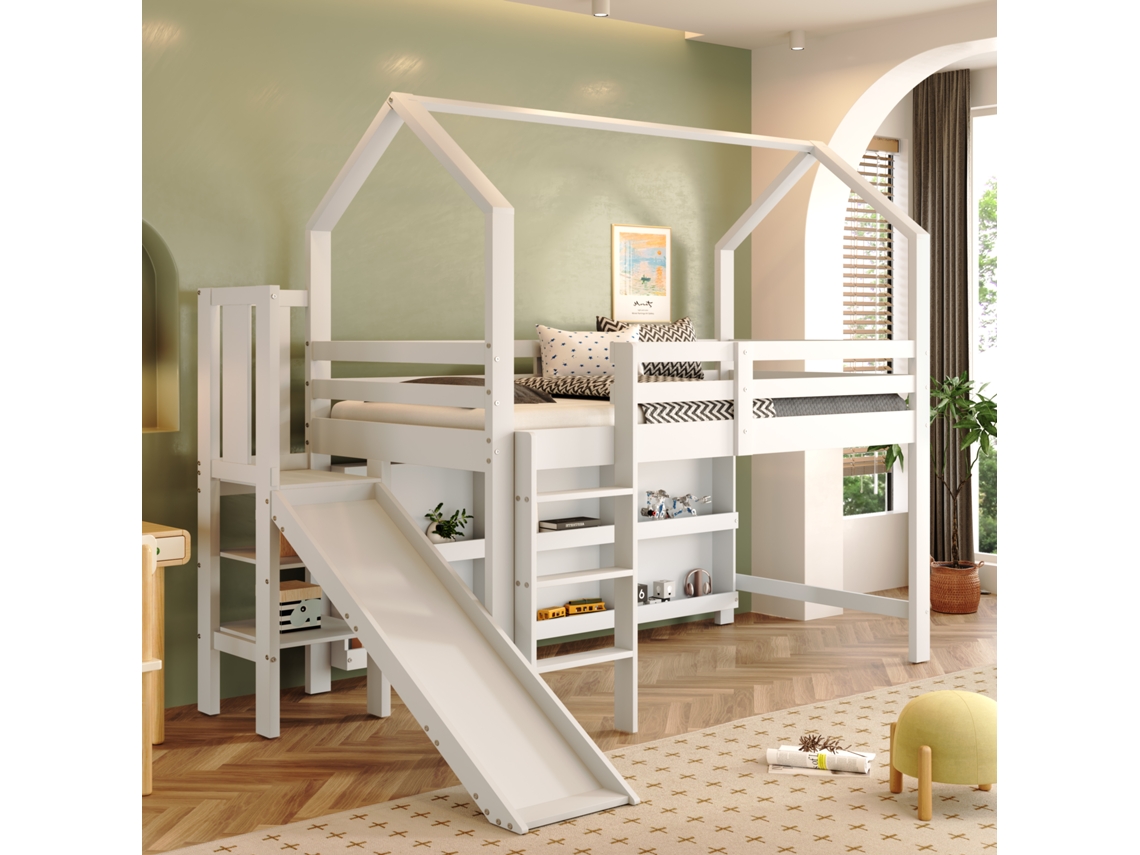 Cama Infantil Madeira 90x200 Escorregador Escada Armário Prateleira Branca