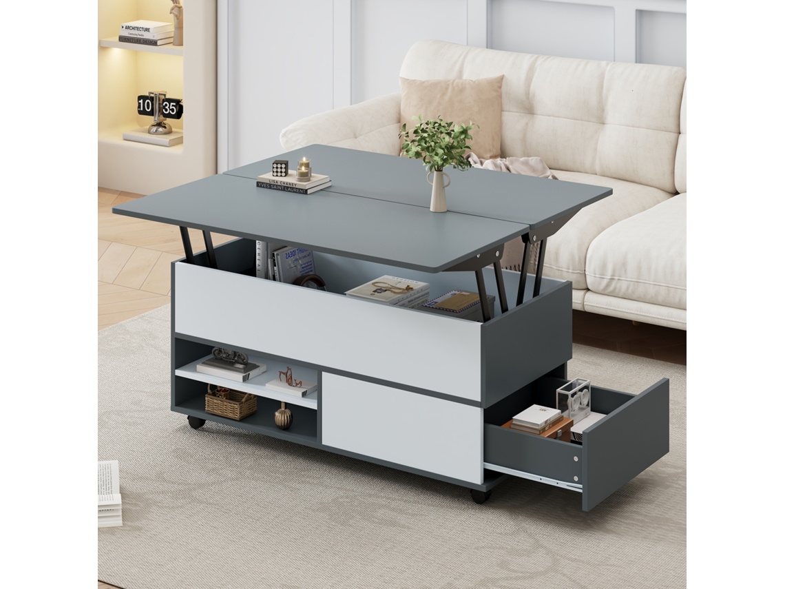 Mesa Centro 100x98x65cm, Altura Ajustável, Gaveta E Bandeja Oculta, Rodízios, Tampo Cinza/branco, Multifuncional, Amplo Espaço.