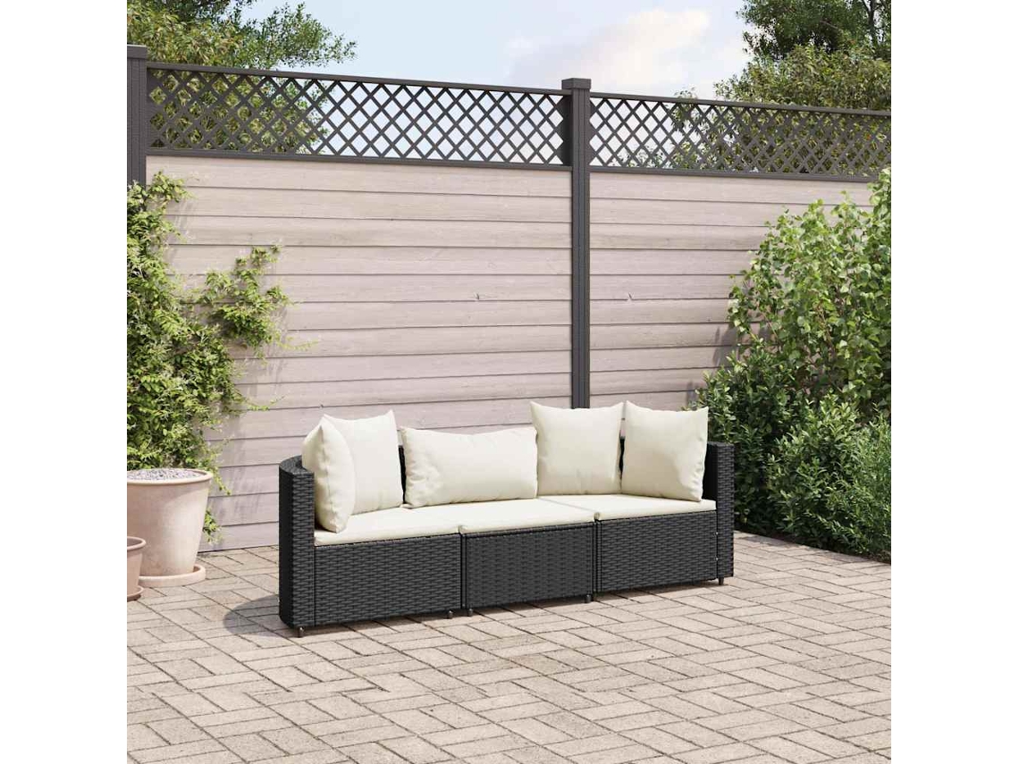 Vidaxl 3 Pcs Conjunto Sofás De Jardim Com Almofadões Vime Pe Preto