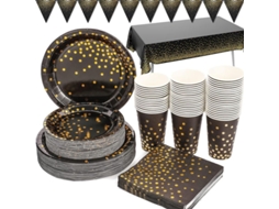 Nova Line materiais de Festa Preto e Dourado 66 Peças Includes Pratos, Guardanapos, Copos, Toalha de Mesa, Bandeira para Aniversário, Festa