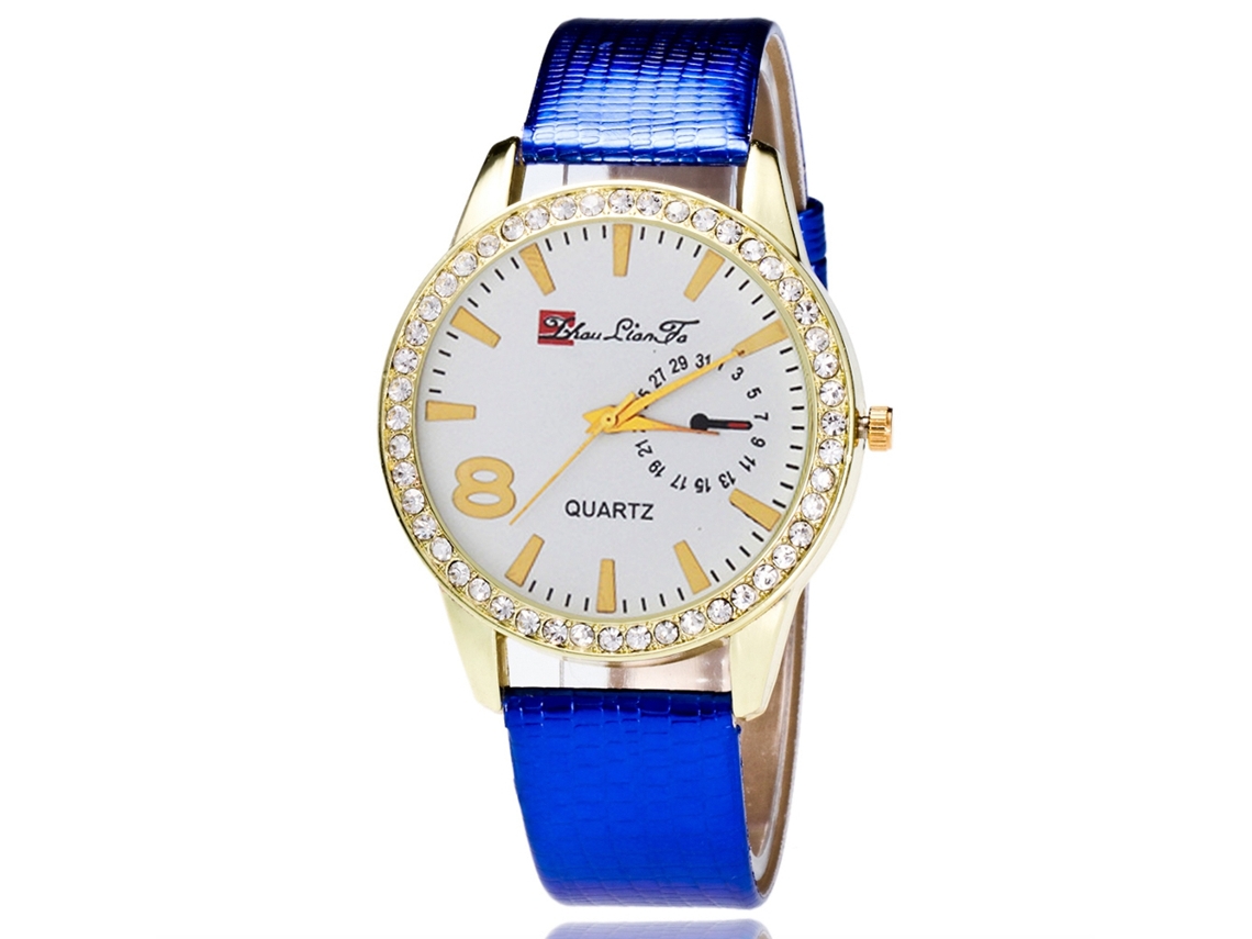 Relógio de pulso feminino de luxo Zhoulianfa com strass, mostrador analógico de quartzo e pulseira de PU azul.