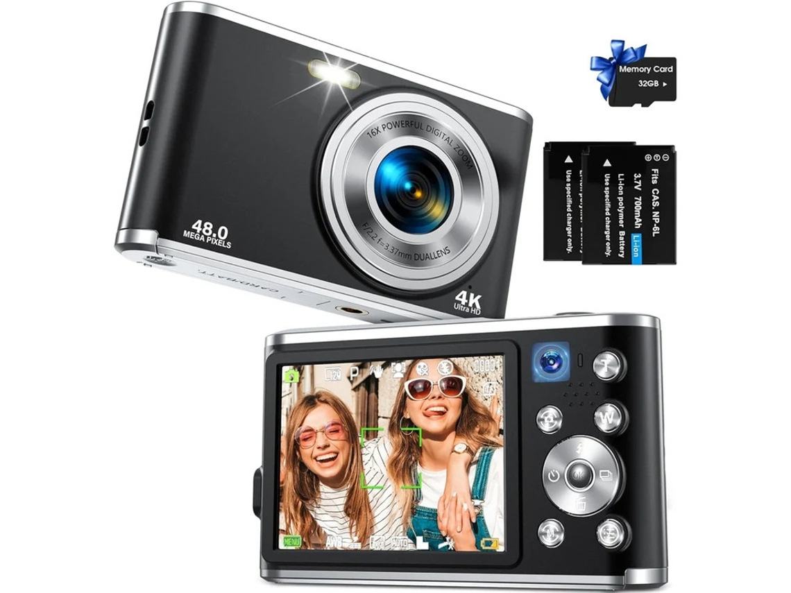 Câmera digital FHD 4K de 48 MP com foco automático, duas câmeras, zoom digital de 16x e cartão de memória de 32 GB para crianças, meninos, meninas e adolescentes. Yizhood