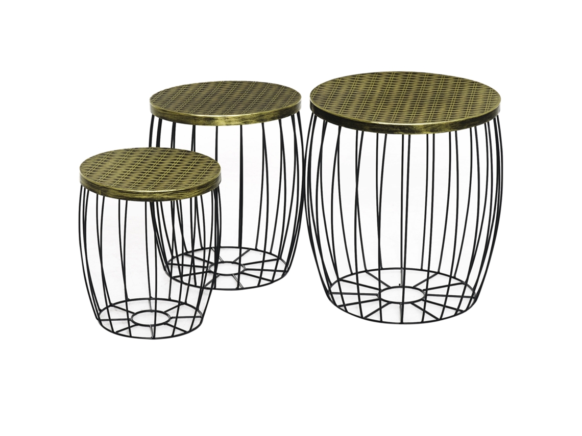 Conjunto de jardim externo com 3 mesinhas empilháveis estilo industrial em metal preto e bronze BTFORUS