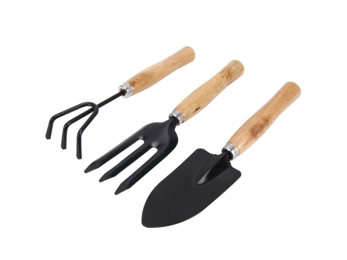 Conjunto Ferramentas Jardinagem Mínimas Cabo Madeira 3 Peças