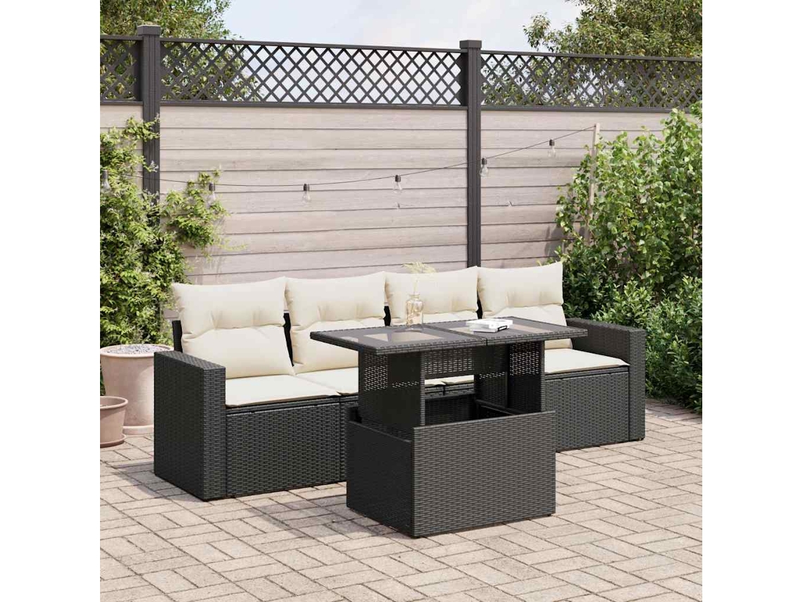 Vidaxl 5 Pcs Conjunto Sofás De Jardim Com Almofadões Vime Pe Preto