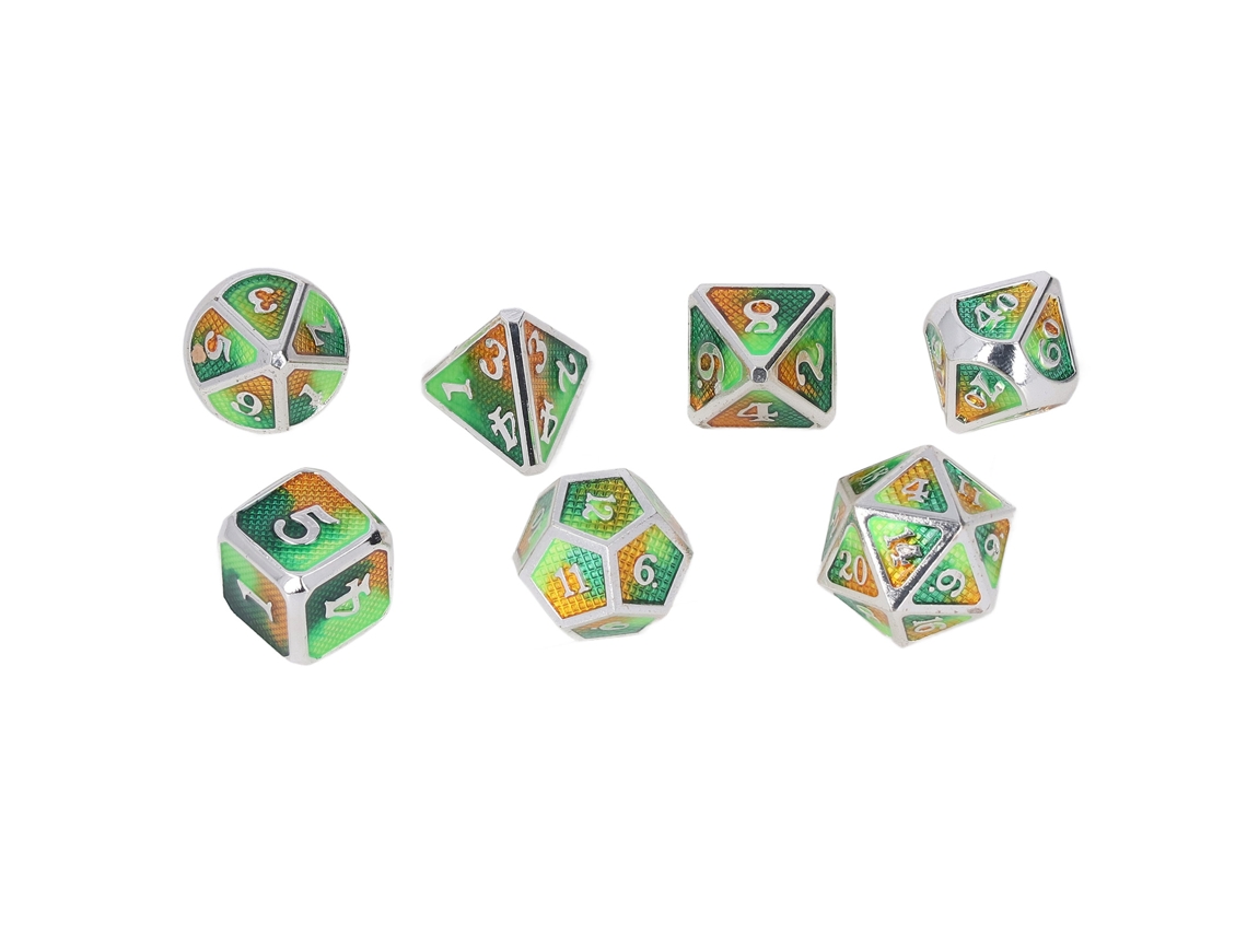 Mali conjunto de 7 Dados Metálicos Poliédricos Brancos com Números para Jogos de Mesa