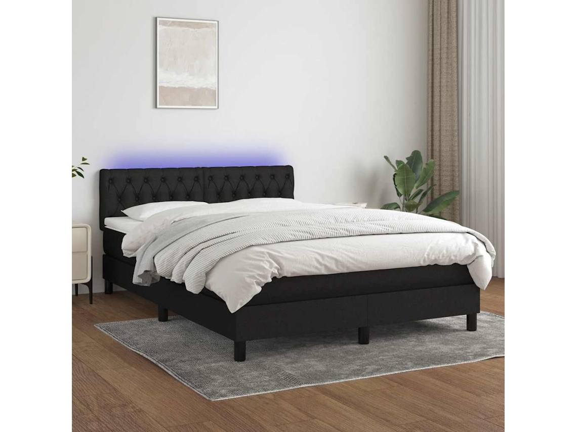 Vidaxl Cama Box Spring C/ Colchão E Led 140x190 Cm Tecido Preto
