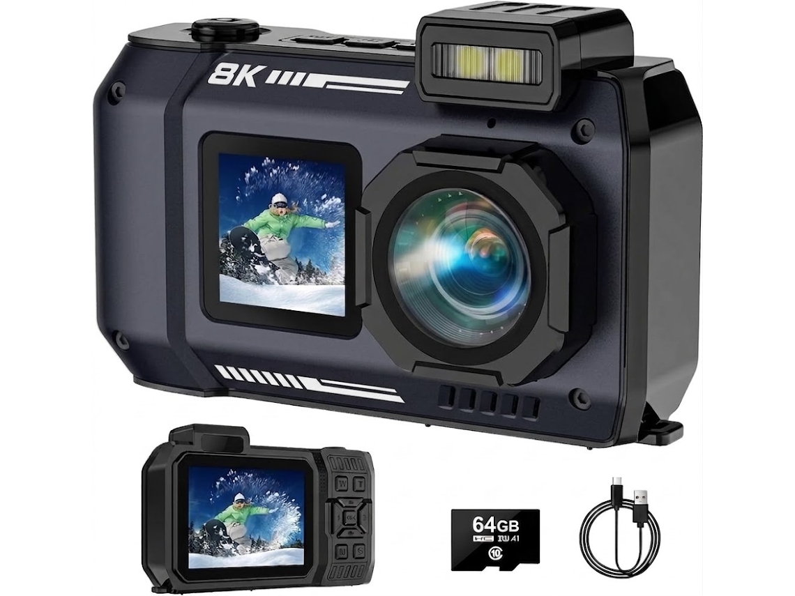 Câmera À Prova D'água 8k 70mp Para Mergulho De 10m (33 Pés) Com Tela Dupla 4:3 (preta)