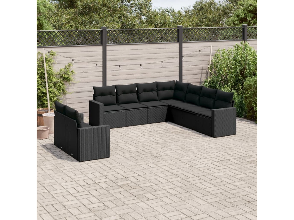 Vidaxl 9 Pcs Conjunto De Sofás P/ Jardim C/ Almofadões Vime Pe Preto