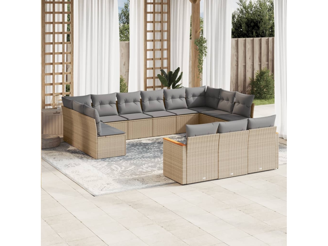 Vidaxl 13 Pcs Conjunto De Sofás P/ Jardim Com Almofadões Vime Pe Bege