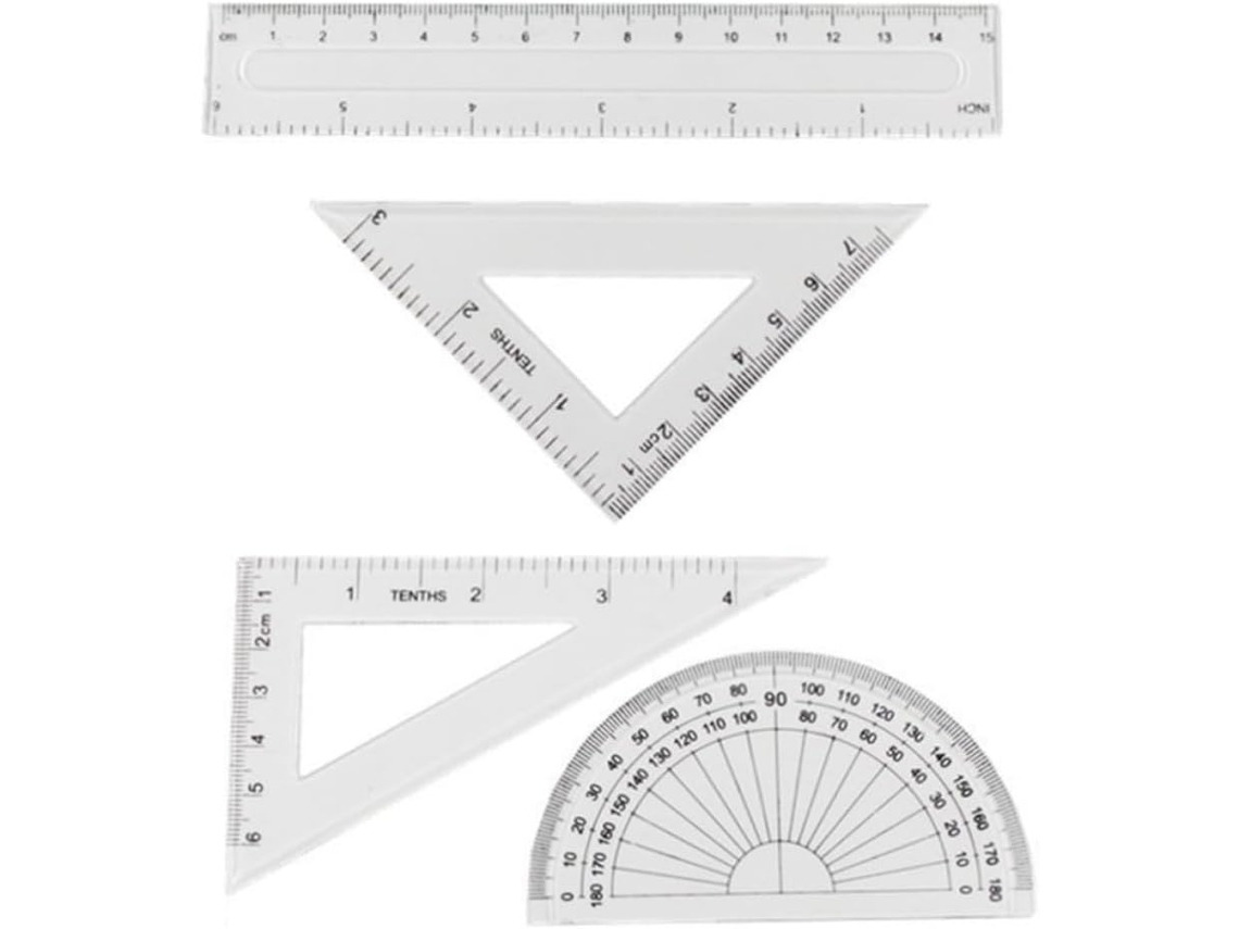 Conjunto De Réguas Plástico Transparente Plafope Com 4 Peças, Incluindo Régua Linear, Transferidor E Esquadros Para Uso