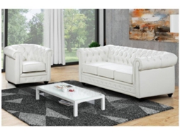 Conjunto Sofá e Poltrona Fixo Chesterfield VENTE-UNIQUE.PT (Branco - Pele sintética - 205x88x72 cm)