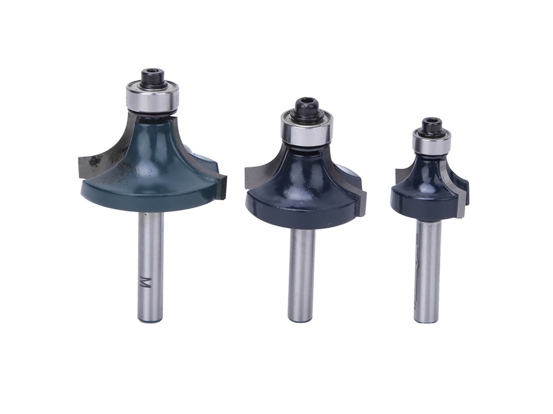 Conjunto de 3 brocas rotativas com borda arredondada e mandril de 1/4" para afiar madeira.
