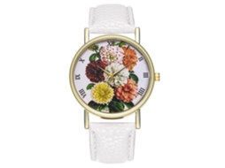 Relógio Feminino de Pulso Analógico de Quartzo com Cinta de Couro Pu Padrão Floral Branco