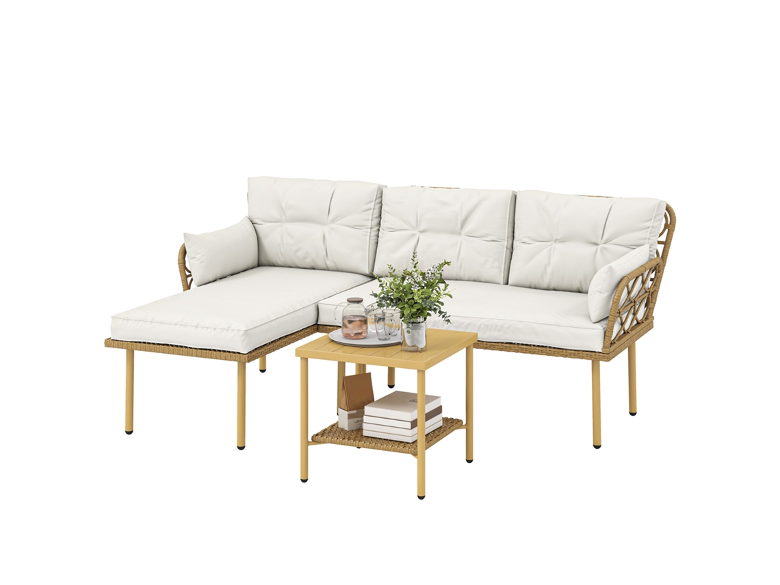 Conjunto de Jardim Vime com sofá 2 lugares, sofá canto e mesa de centro, natural, creme | S/MARCA