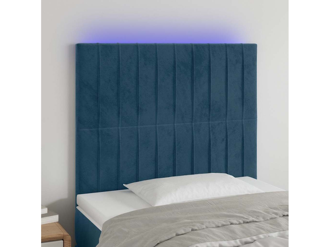 Vidaxl Cabeceira Cama C/ Luzes Led Veludo 100x5x118/128cm Azul-escuro