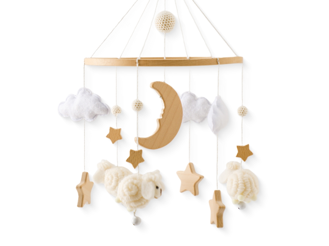 Móbile para Berço Infantil, Carrinho de Bebê, Chocalho Relaxantemóbile de Cama com Estampa de Ovelha, Estrela e Lua, Bege CHENNNLS