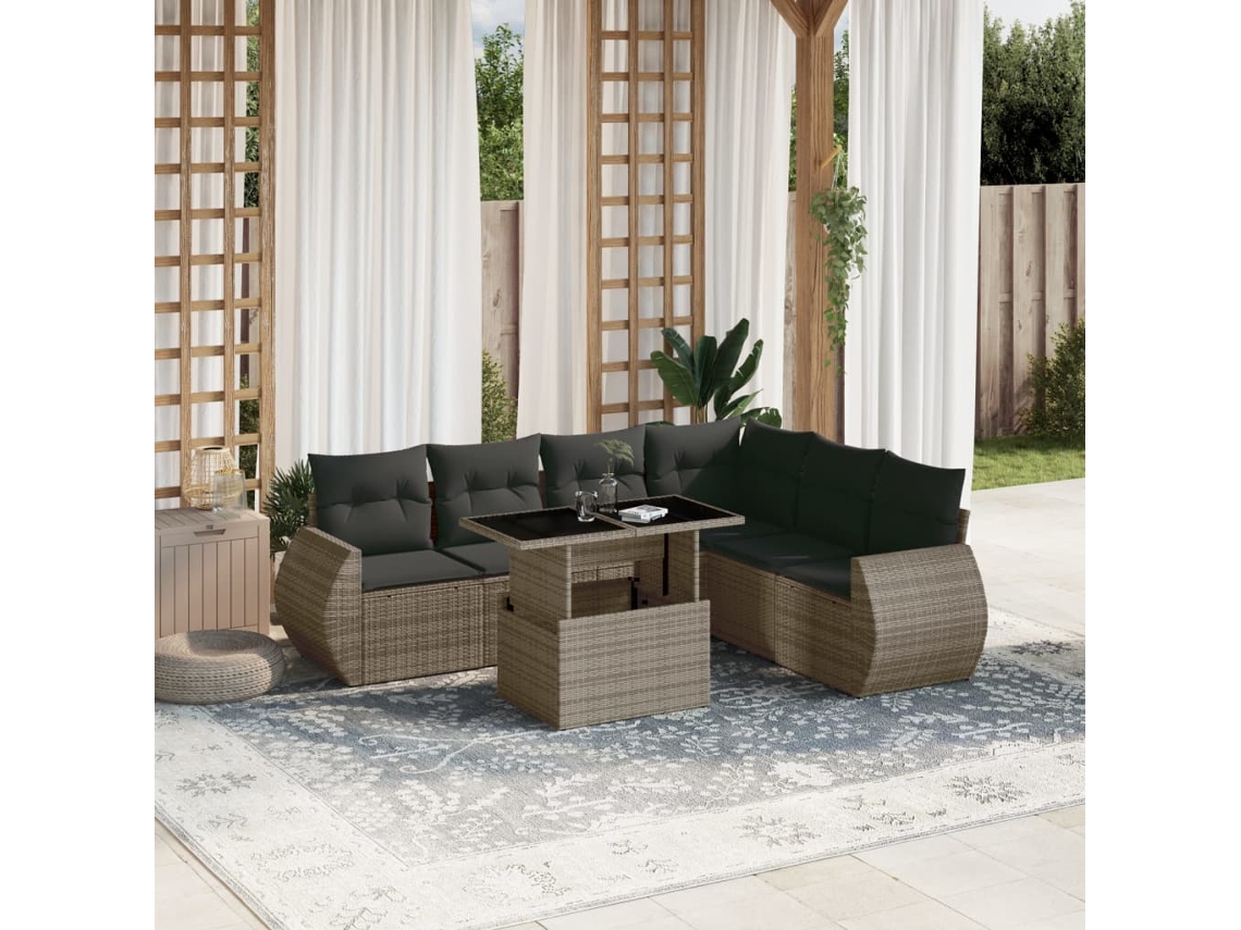 7 Pcs Conjunto Sofás P/ Jardim C/ Almofadões Vime Pe Cinza Dkd Home Decor