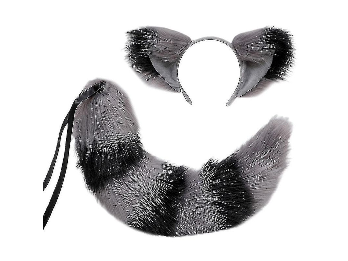 Conjunto De Orelhas E Cauda De Animal Peluda Fox Gato Lobo Raccoon Para Halloween Natal Festa Cor Cinza Preto